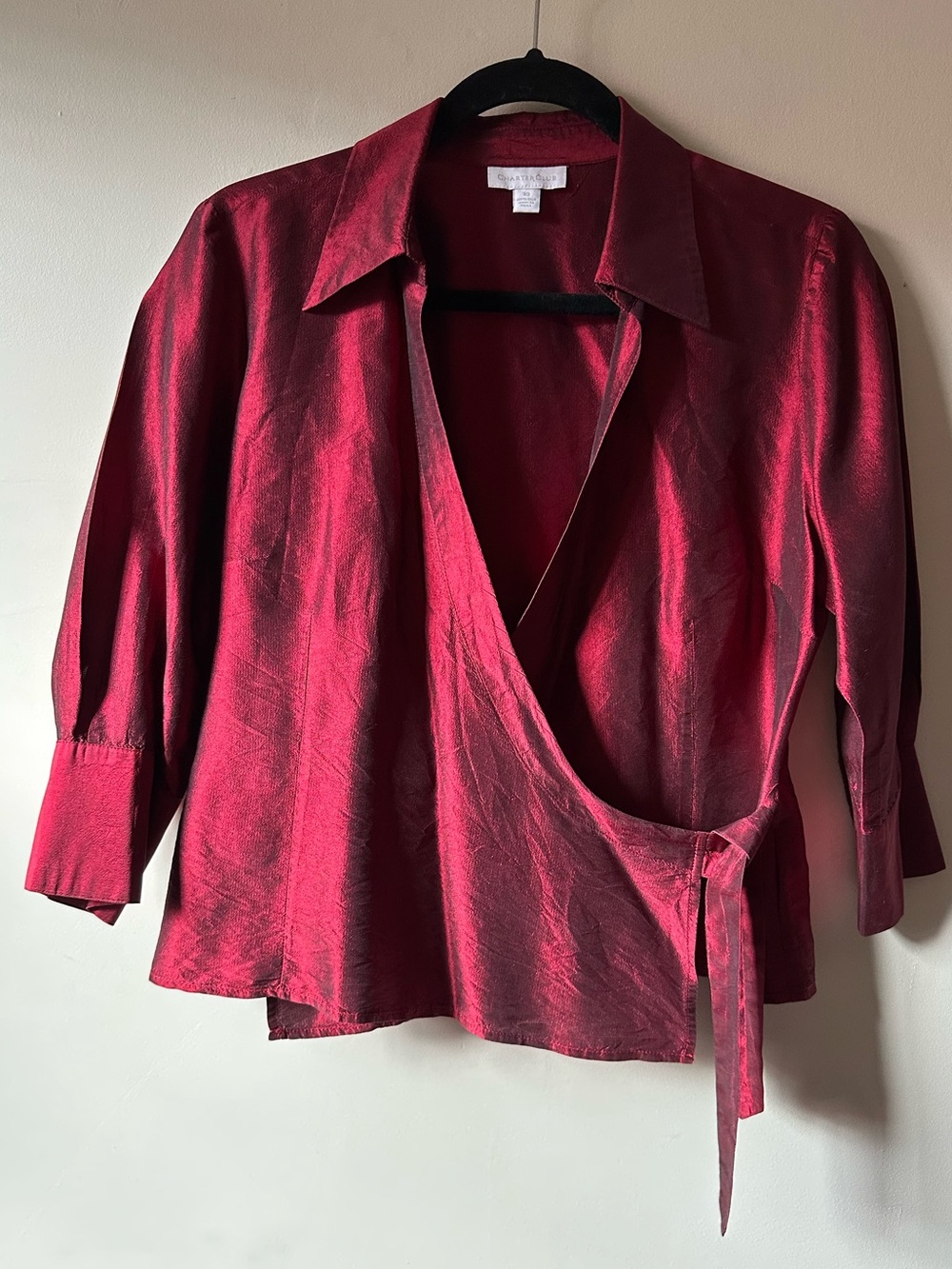 Charter Club Metallic Red 100% Silk Cropped Wrap Top Christmas Holiday